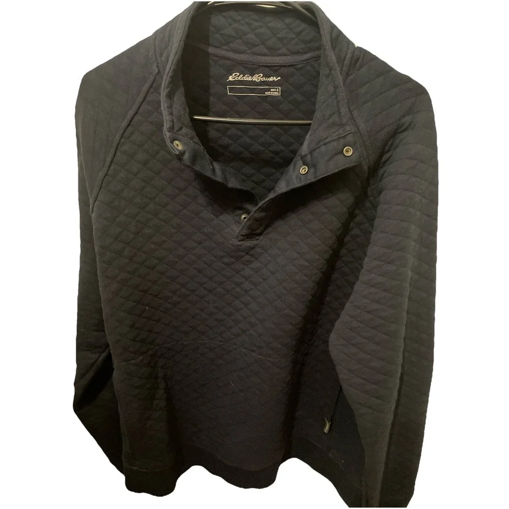 Eddie Bower Navy Men's Quilted Pullover, Long Sleeve , Quarter Button Up - Picture 2 of 5